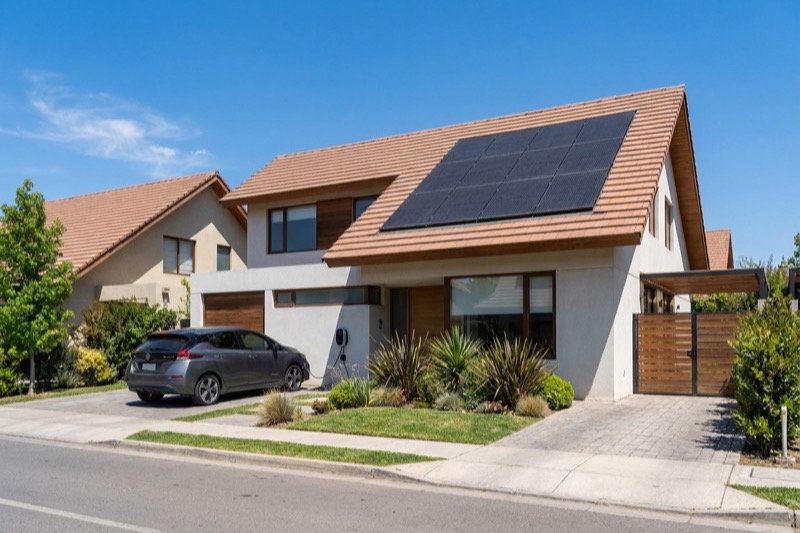 Casa con paneles solares en el techo